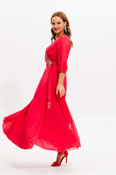 Платье нарядное из блузочной ткани с бахромой Anastasia 1113 коралл - фото 5