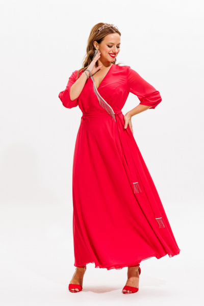 Платье нарядное из блузочной ткани с бахромой Anastasia 1113 коралл - фото 4