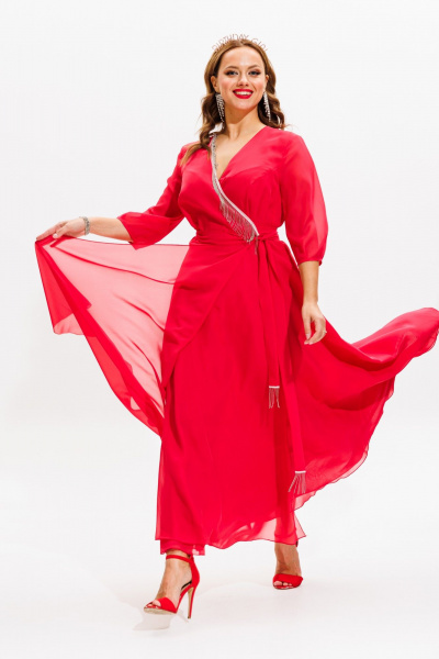 Платье нарядное из блузочной ткани с бахромой Anastasia 1113 коралл - фото 3