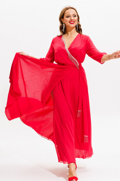 Платье нарядное из блузочной ткани с бахромой Anastasia 1113 коралл - фото 2