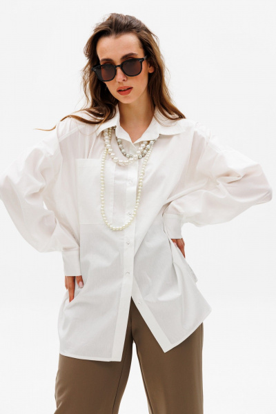 Объемная рубашка оверсайз с асимметричным бочком NikVa 531-2 сливочный - фото 5