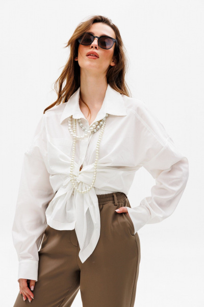 Объемная рубашка оверсайз с асимметричным бочком NikVa 531-2 сливочный - фото 1