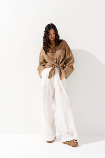 Белые льняные брюки с поясом и карманами ANNETE A1225 - фото 5