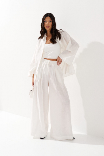 Белые льняные брюки с поясом и карманами ANNETE A1225 - фото 2