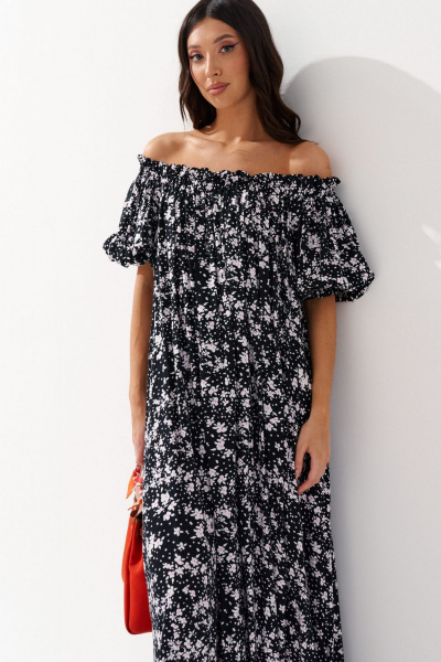 Платье из вискозы с контрастным принтом и полуоткрытыми плечами ANNETE A3407 - фото 2