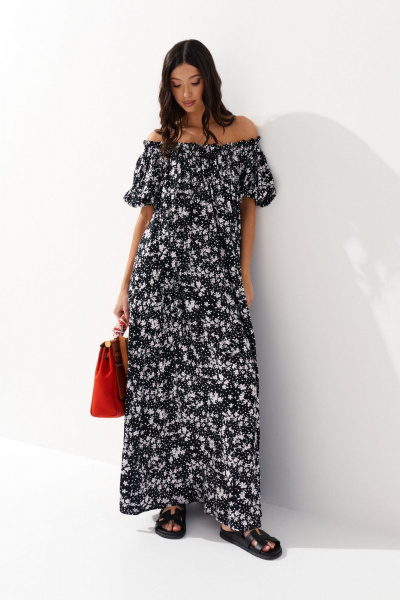 Платье из вискозы с контрастным принтом и полуоткрытыми плечами ANNETE A3407 - фото 1