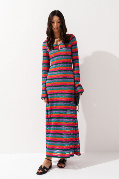 Полуприлегающее ажурное платье яркого цвета с деревянной пуговицей ANNETE A3543 - фото 1