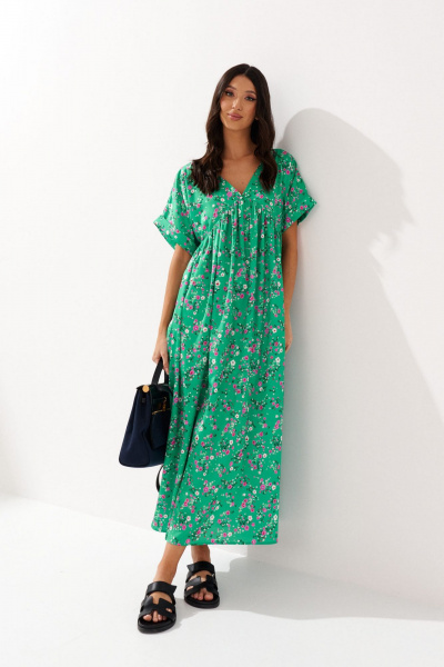 Свободное платье из зеленого полотна с ярким цветочным принтом ANNETE A3547 - фото 2