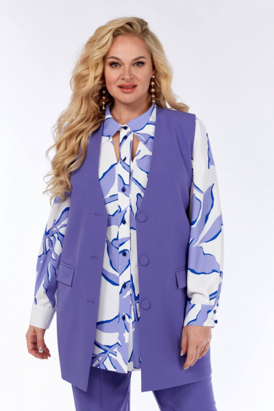 Блуза, брюки, жилет легкий из принтованного шифона Элль-стиль 2297 лаванда/белый - фото 6