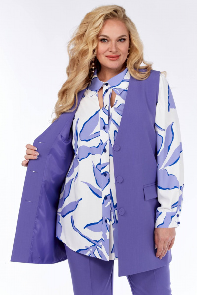 Блуза, брюки, жилет легкий из принтованного шифона Элль-стиль 2297 лаванда/белый - фото 5