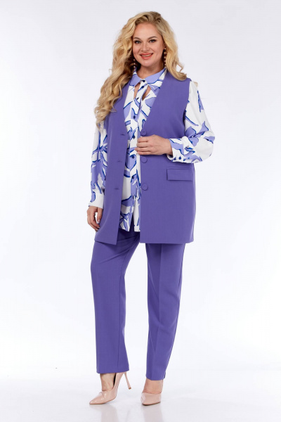 Блуза, брюки, жилет легкий из принтованного шифона Элль-стиль 2297 лаванда/белый - фото 4