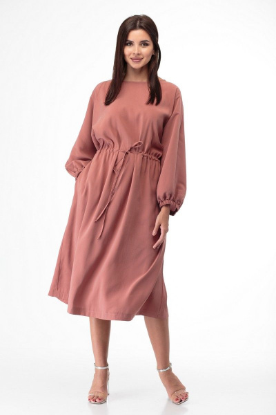 Oversize платье из текстиля с кулиской и лодочным вырезом Anelli 884 терракот - фото 6