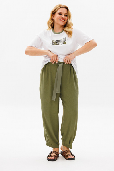 Свободный женский комплект из хлопка и трикотажа с принтом Michel chic 1377 хаки,белый - фото 2