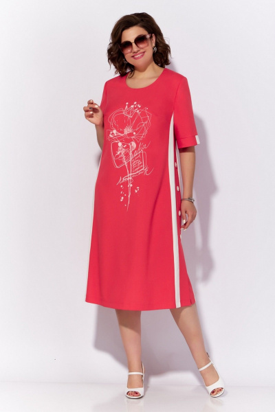 Леновое платье с термостойчной печатью и разрезом Tellura-L 1725 коралл - фото 2