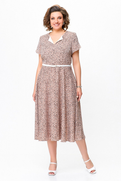 Платье из струящейся ткани с ремнем и принтом Swallow 742 беж+принт"камни" - фото 1