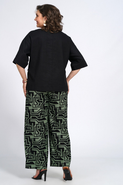 Костюм из блузки и брюк с декоративным клапаном из вискозы, льна и трикотажа Пинск-Стиль 135 черный_зеленый_геометрия - фото 12
