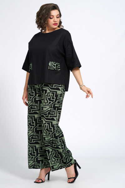 Костюм из блузки и брюк с декоративным клапаном из вискозы, льна и трикотажа Пинск-Стиль 135 черный_зеленый_геометрия - фото 10