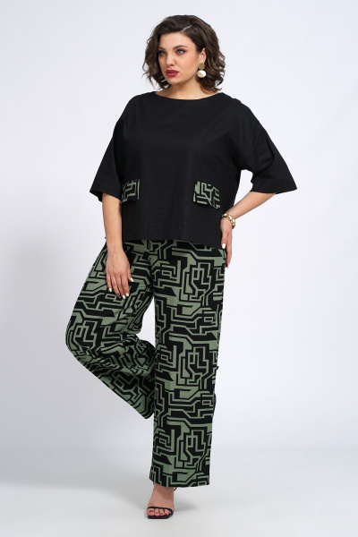 Костюм из блузки и брюк с декоративным клапаном из вискозы, льна и трикотажа Пинск-Стиль 135 черный_зеленый_геометрия - фото 9
