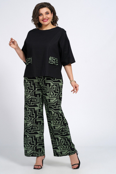 Костюм из блузки и брюк с декоративным клапаном из вискозы, льна и трикотажа Пинск-Стиль 135 черный_зеленый_геометрия - фото 7