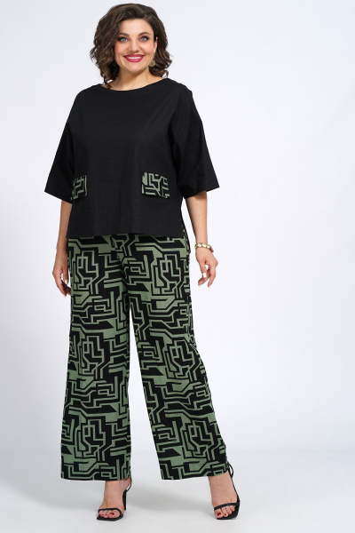 Костюм из блузки и брюк с декоративным клапаном из вискозы, льна и трикотажа Пинск-Стиль 135 черный_зеленый_геометрия - фото 6