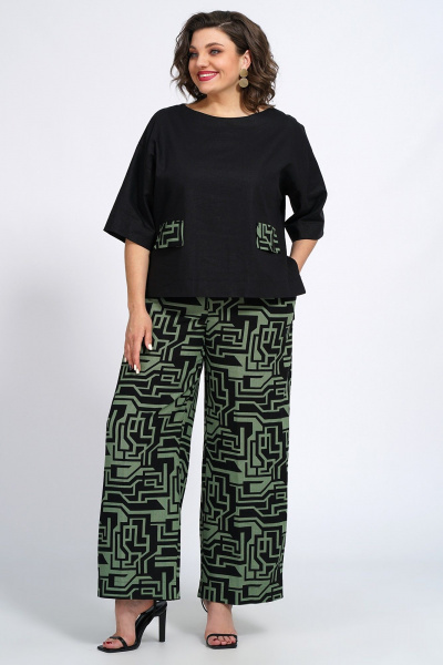 Костюм из блузки и брюк с декоративным клапаном из вискозы, льна и трикотажа Пинск-Стиль 135 черный_зеленый_геометрия - фото 5
