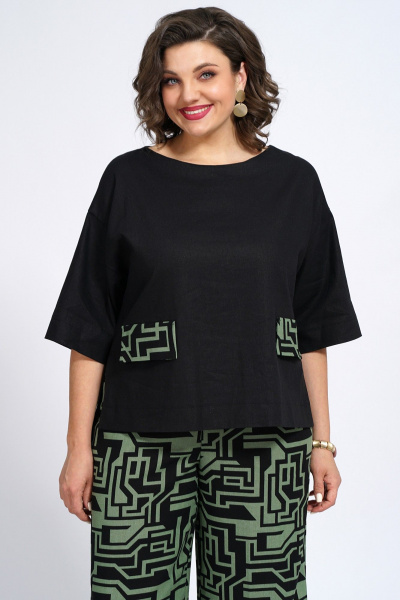 Костюм из блузки и брюк с декоративным клапаном из вискозы, льна и трикотажа Пинск-Стиль 135 черный_зеленый_геометрия - фото 4