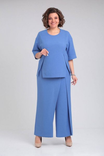 Комплект блуза с шлицами и брюки с имитацией юбки VIA-Mod 632 лазурный - фото 4