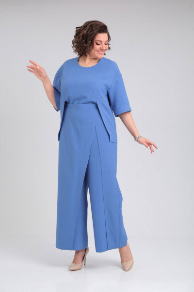 Комплект блуза с шлицами и брюки с имитацией юбки VIA-Mod 632 лазурный - фото 2