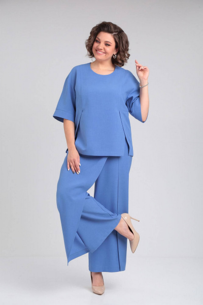 Комплект блуза с шлицами и брюки с имитацией юбки VIA-Mod 632 лазурный - фото 1