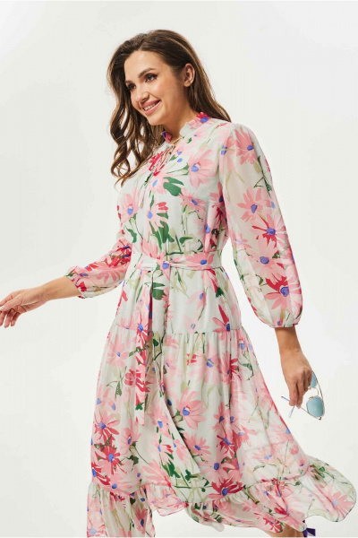 Розовое воздушное платье из шифона с V-образным вырезом Mislana С951 розовый - фото 3