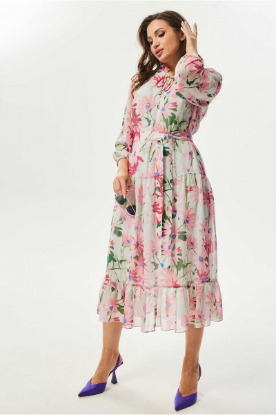 Розовое воздушное платье из шифона с V-образным вырезом Mislana С951 розовый - фото 1