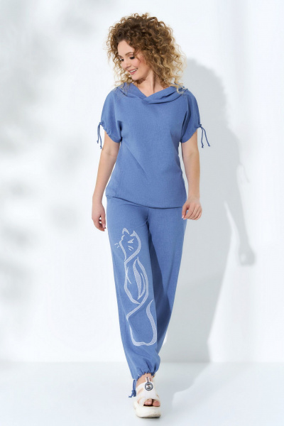 Голубой летний комплект: блуза с капюшоном и шаровары Euromoda 099/1 светло-голубой - фото 4