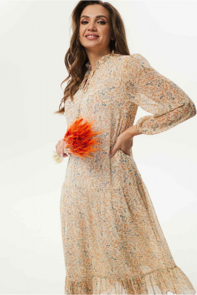 Платье миди из шифона с V-образным вырезом и поясом Mislana С951 бежевый - фото 3