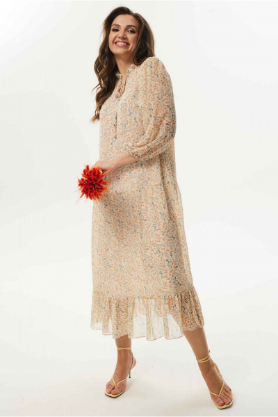 Платье миди из шифона с V-образным вырезом и поясом Mislana С951 бежевый - фото 2