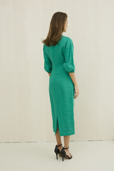 Платье из льна с защипами, поясом и карманами DAVA 148 зеленый - фото 2