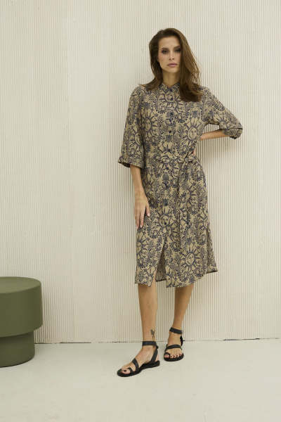 Платье из вискозы зеленое с синим принтом и карманами DAVA 1113-1 олива-синий - фото 1