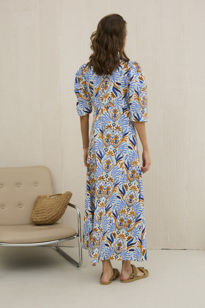 Платье из хлопка голубое с принтом приталенное на лето DAVA 1206 голубой-терракот - фото 2