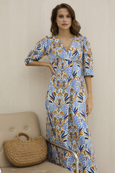 Платье из хлопка голубое с принтом приталенное на лето DAVA 1206 голубой-терракот - фото 5