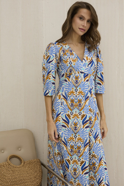 Платье из хлопка голубое с принтом приталенное на лето DAVA 1206 голубой-терракот - фото 4