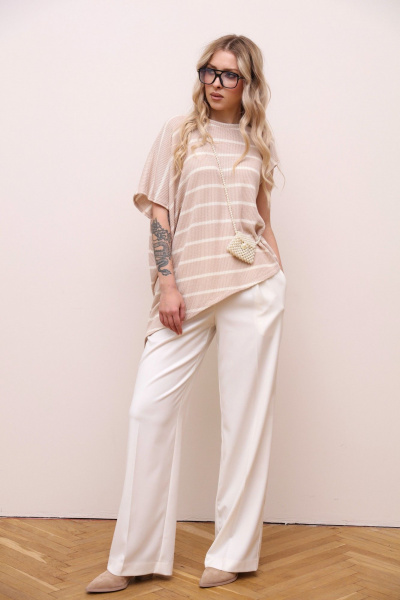 Бежевый костюм из текстиля с широкими брюками и джемпером LM ТР1750 - фото 2