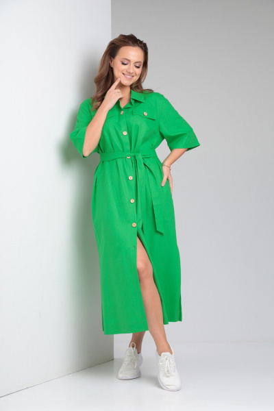 Льняное платье свободного кроя с карманами TVIN 7639 яблоко - фото 3