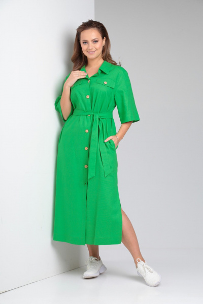 Льняное платье свободного кроя с карманами TVIN 7639 яблоко - фото 1