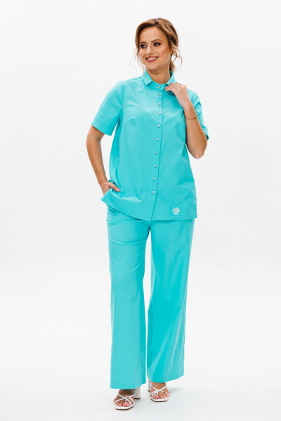 Леняной костюм блуза со вставками и зауженными брюками Mubliz 167 бирюза - фото 11