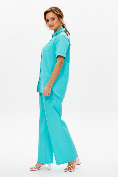 Леняной костюм блуза со вставками и зауженными брюками Mubliz 167 бирюза - фото 10