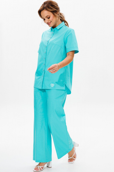 Леняной костюм блуза со вставками и зауженными брюками Mubliz 167 бирюза - фото 9
