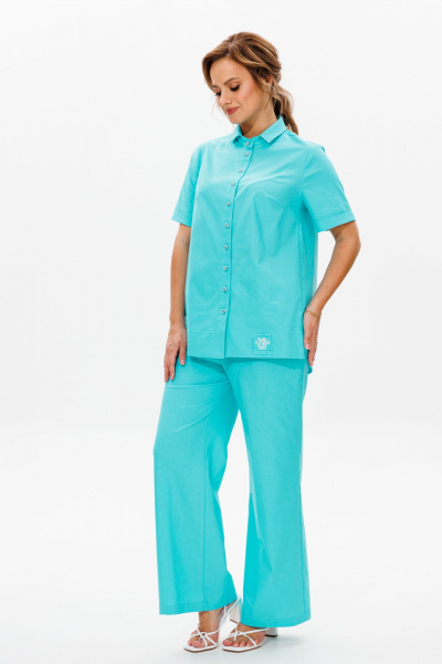 Леняной костюм блуза со вставками и зауженными брюками Mubliz 167 бирюза - фото 4