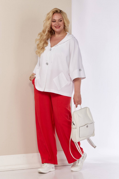 Леняной комплект жакет с капюшоном и зауженные брюки Shetti 4057 белый+красный - фото 2