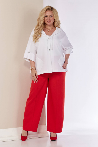 Леняной комплект жакет с капюшоном и зауженные брюки Shetti 4057 белый+красный - фото 1