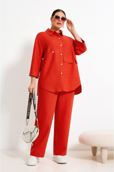 Рубашка и брюки с фигурным кроем из ленового текстиля на каждый день Lissana 4899 коралловый_оттенок - фото 3