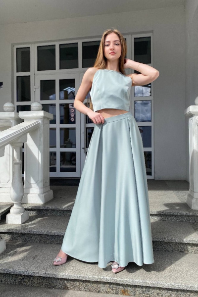 Голубой комплект юбки с складками и прилегающего топа для тренда Соджи 615 мятный - фото 2